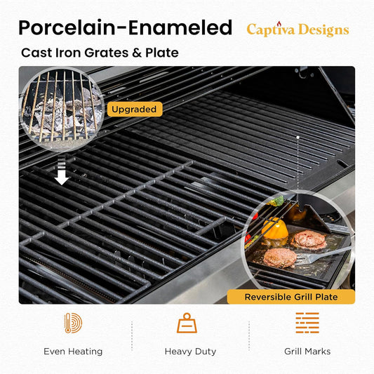 6-Burner Propane Gas BBQ Grill with Side Burner & Porcelain-Enameled Cast Iron Grate and Plate for Outdoor Barbucue Events, 52,000 BTU Output,740 SQ.IN. Cooking Area,Heavy Duty