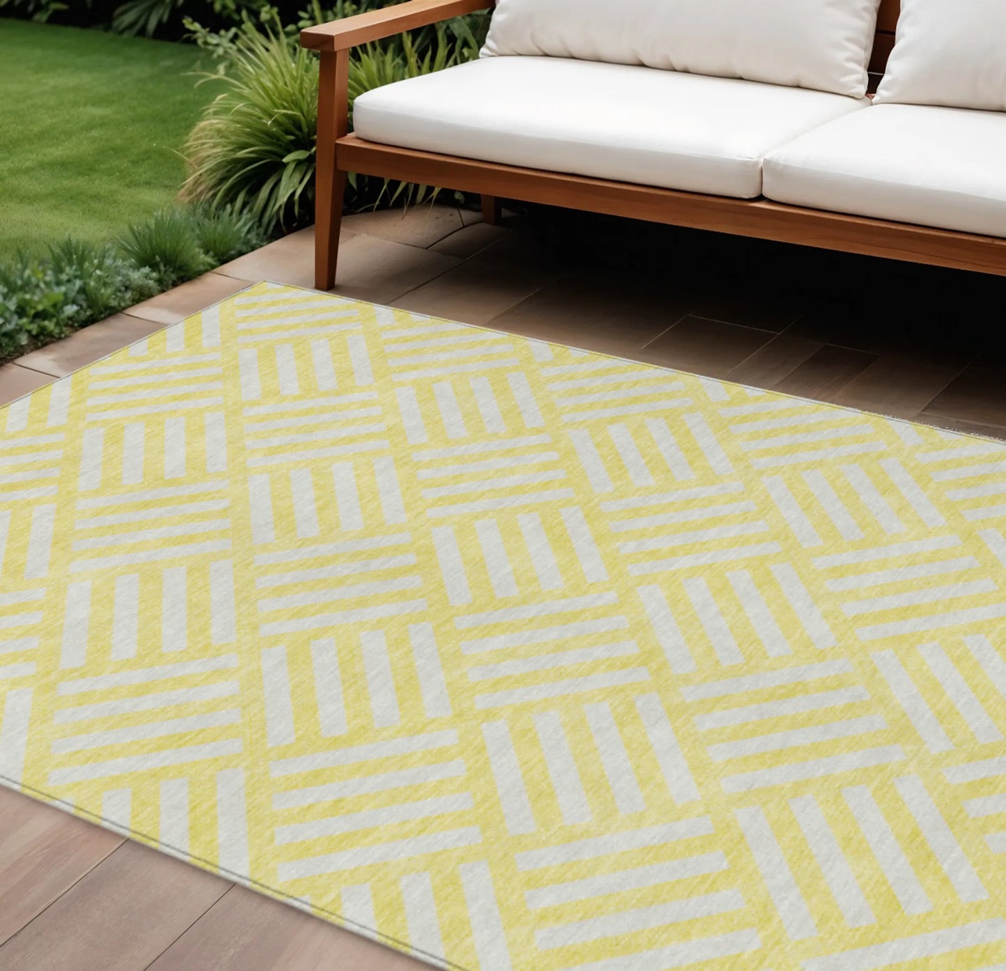 10' X 14' Yellow And Ivory Geometric Washable Indoor Outdoor Area Rug