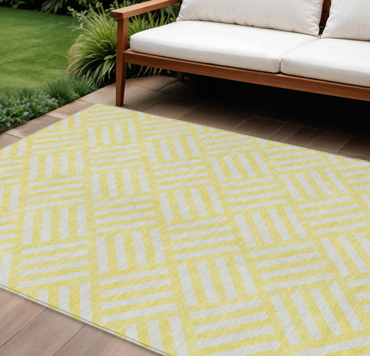 10' X 14' Yellow And Ivory Geometric Washable Indoor Outdoor Area Rug
