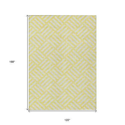 10' X 14' Yellow And Ivory Geometric Washable Indoor Outdoor Area Rug