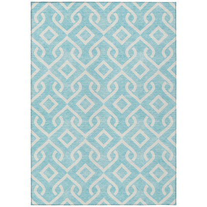 10' X 14' Aqua And Ivory Geometric Washable Indoor Outdoor Area Rug