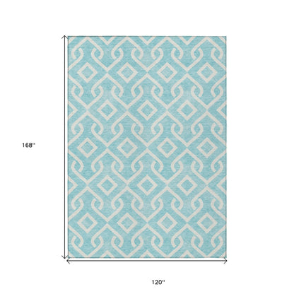 10' X 14' Aqua And Ivory Geometric Washable Indoor Outdoor Area Rug