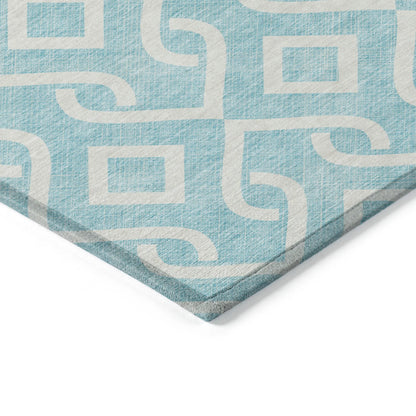 10' X 14' Aqua And Ivory Geometric Washable Indoor Outdoor Area Rug