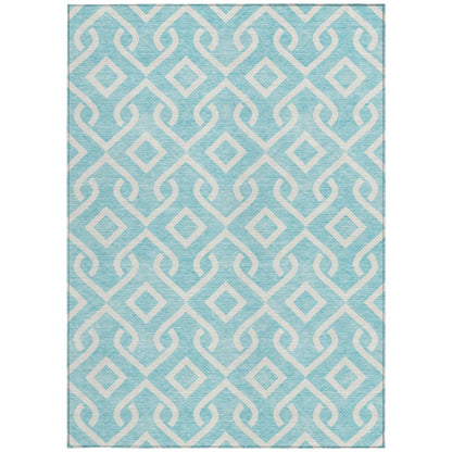 10' X 14' Aqua And Ivory Geometric Washable Indoor Outdoor Area Rug