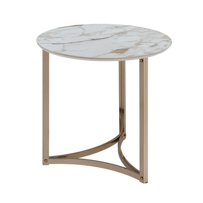 24" White and Champagne Stone and Metal Round Frame End Table
