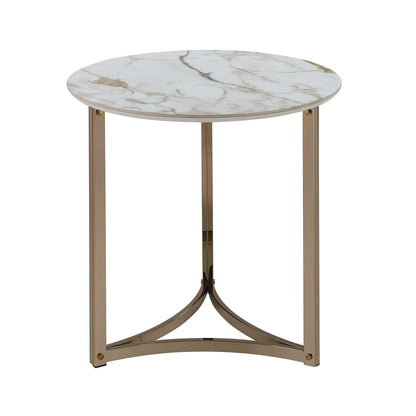 24" White and Champagne Stone and Metal Round Frame End Table