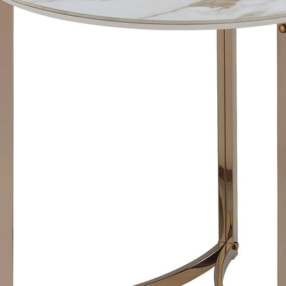 24" White and Champagne Stone and Metal Round Frame End Table
