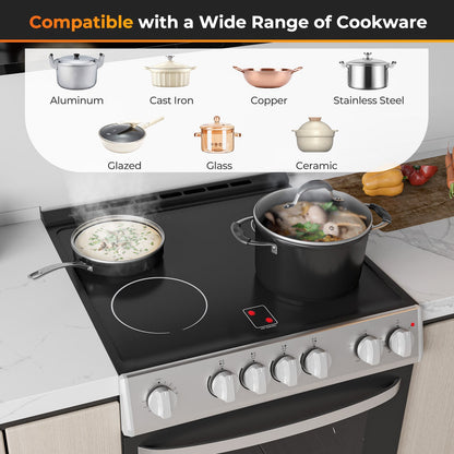 30 Inch Freestanding and Slide-in Kitchen Stove with 4 Burners Ceramic Cooktop-Silver