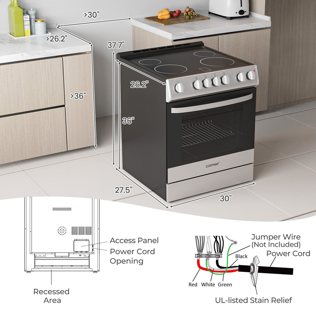 30 Inch Freestanding and Slide-in Kitchen Stove with 4 Burners Ceramic Cooktop-Silver