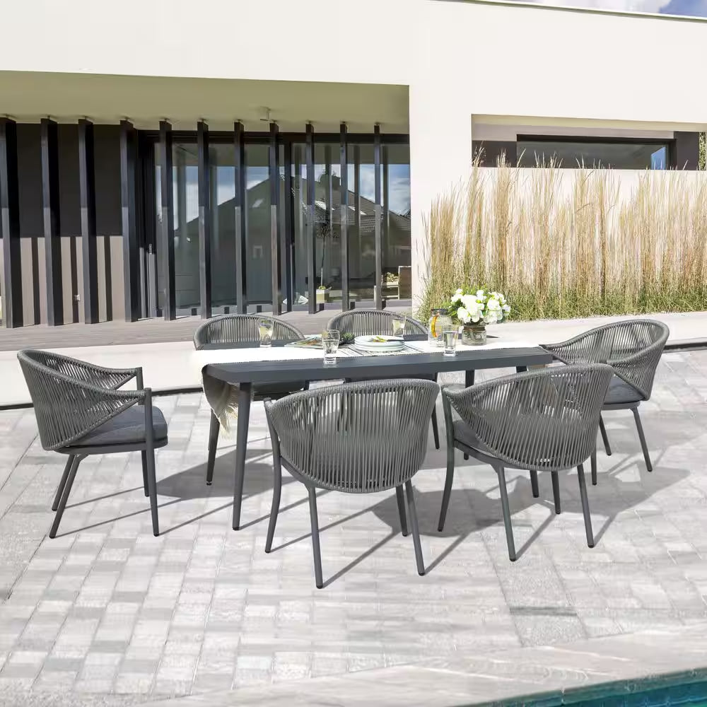 7-Piece Aluminum Outdoor Patio Dining Set with Grey Cushion