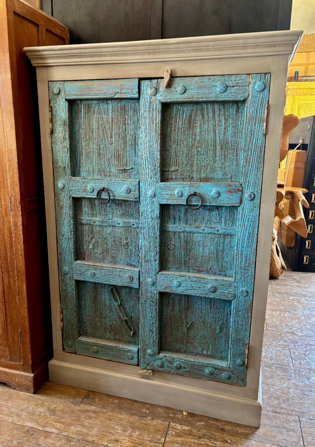 Turquoise Reclaimed Door Storage Cabinet – 44” x 17” x 59”