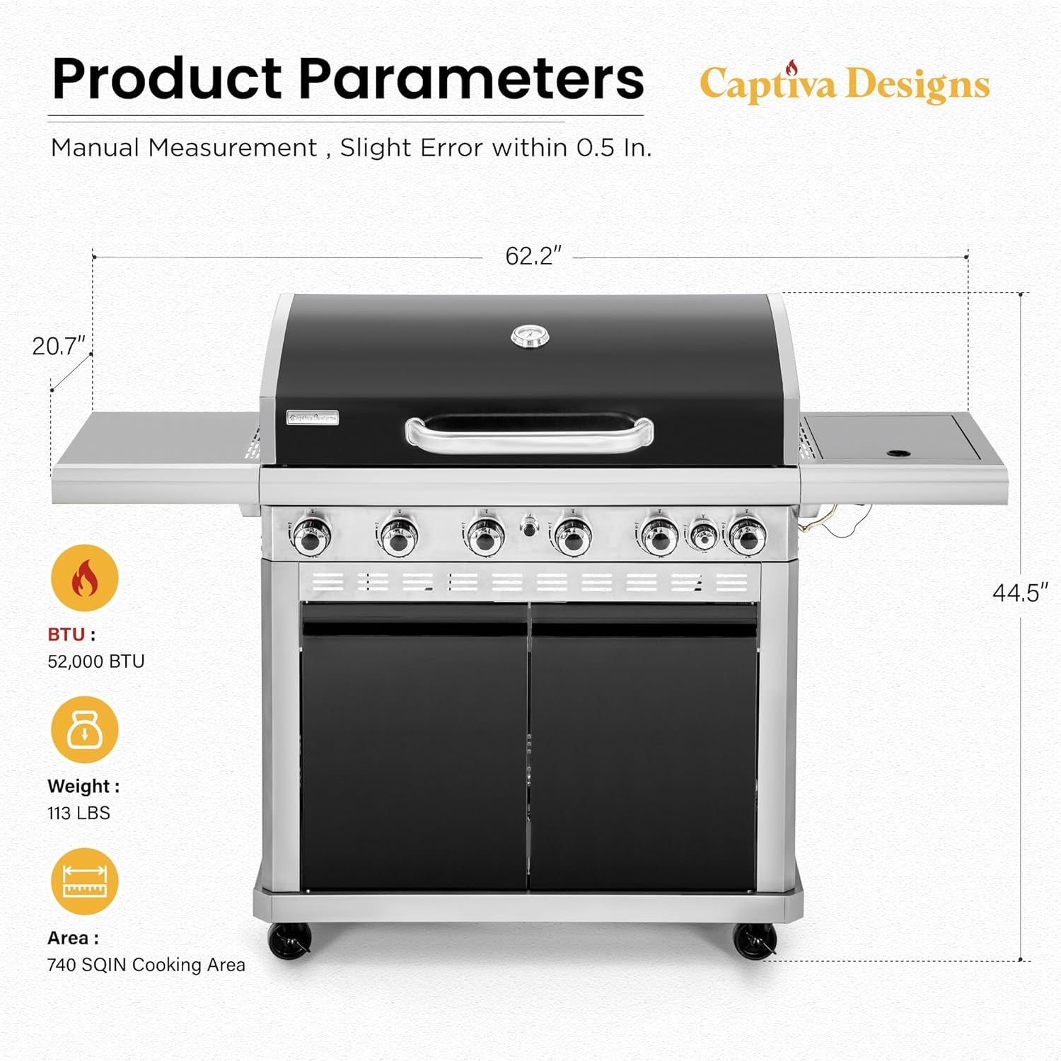 6-Burner Propane Gas BBQ Grill with Side Burner & Porcelain-Enameled Cast Iron Grate and Plate for Outdoor Barbucue Events, 52,000 BTU Output,740 SQ.IN. Cooking Area，Heavy Duty