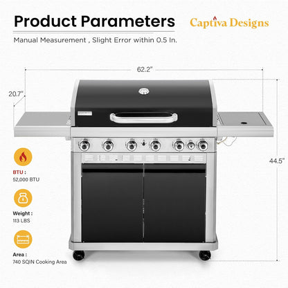 6-Burner Propane Gas BBQ Grill with Side Burner & Porcelain-Enameled Cast Iron Grate and Plate for Outdoor Barbucue Events, 52,000 BTU Output,740 SQ.IN. Cooking Area，Heavy Duty