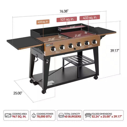 6-Burner Propane Gas Grill and Griddle Combo, Grill and Griddle 2-In-1, Bronze, 78,000 BTU Output for Back Yard