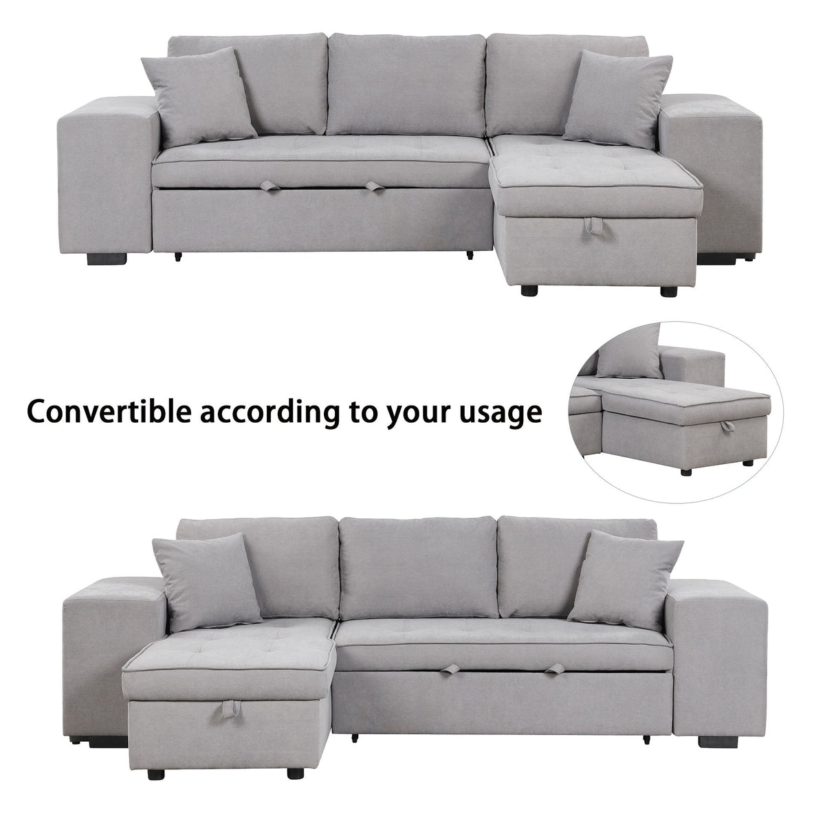 Modern L-Shape 3 Seat Reversible Sectional Couch, Pull Out Sleeper Sofa With Storage Chaise And 2 Stools For Living Room Furniture Set