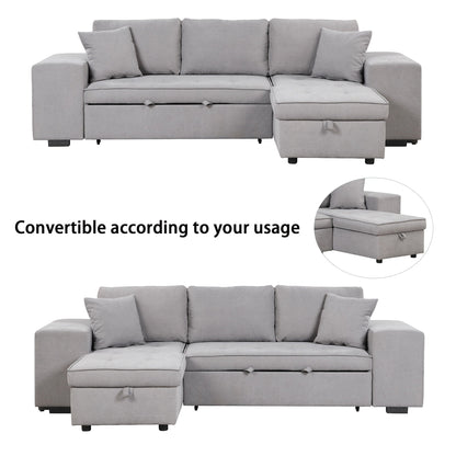 Modern L-Shape 3 Seat Reversible Sectional Couch, Pull Out Sleeper Sofa With Storage Chaise And 2 Stools For Living Room Furniture Set