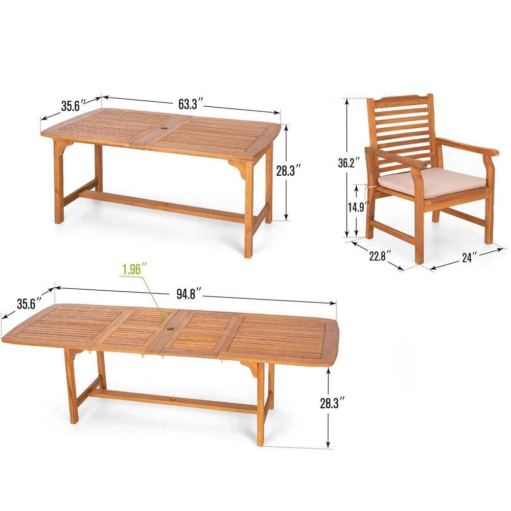 Brown 7-Piece Wood Patio Outdoor Dining Set with Extendable Table and Wood Chairs with Beige Cushion